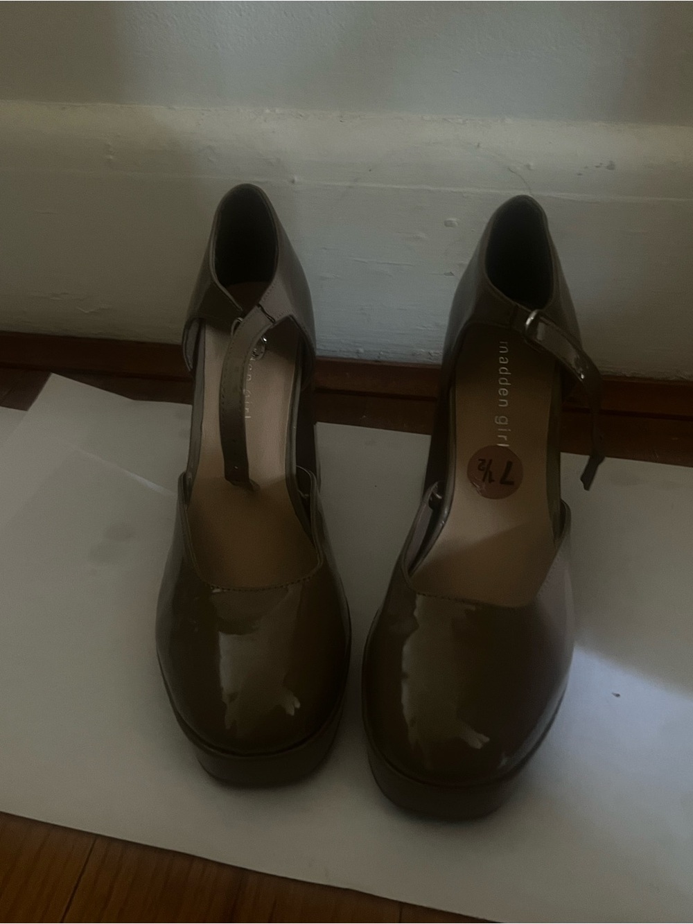 Madden Girl Olive Patent T-Strap Platform Heels